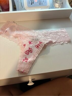 Victoria's Secret Light Pink Lace Thong with Red Heart Print